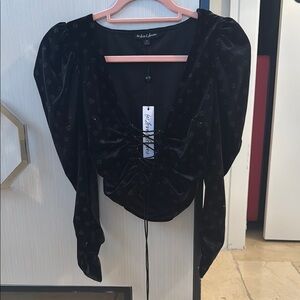 For Love And Lemons Black Puff Sleeve Ruched Blouse